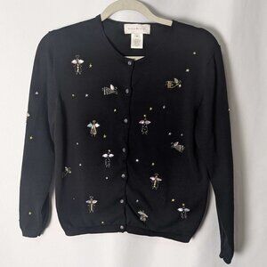 Vintage Susan Bristol Hand Embroidered Button Up Angel Black Cardigan Sweater